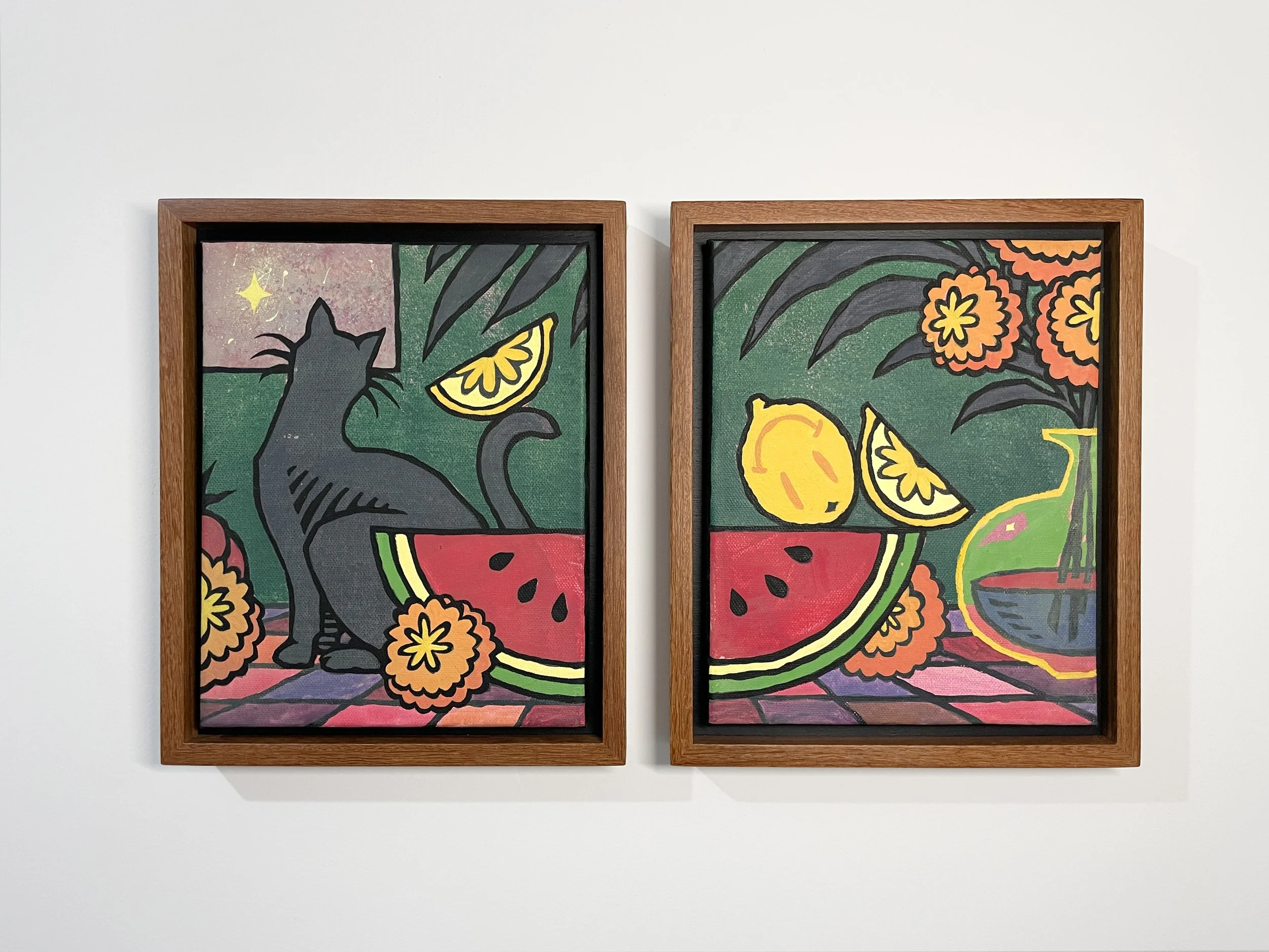 "Bodegón de Noche con Gato" - Acrylic on canvas, 48x30cm, 2026.