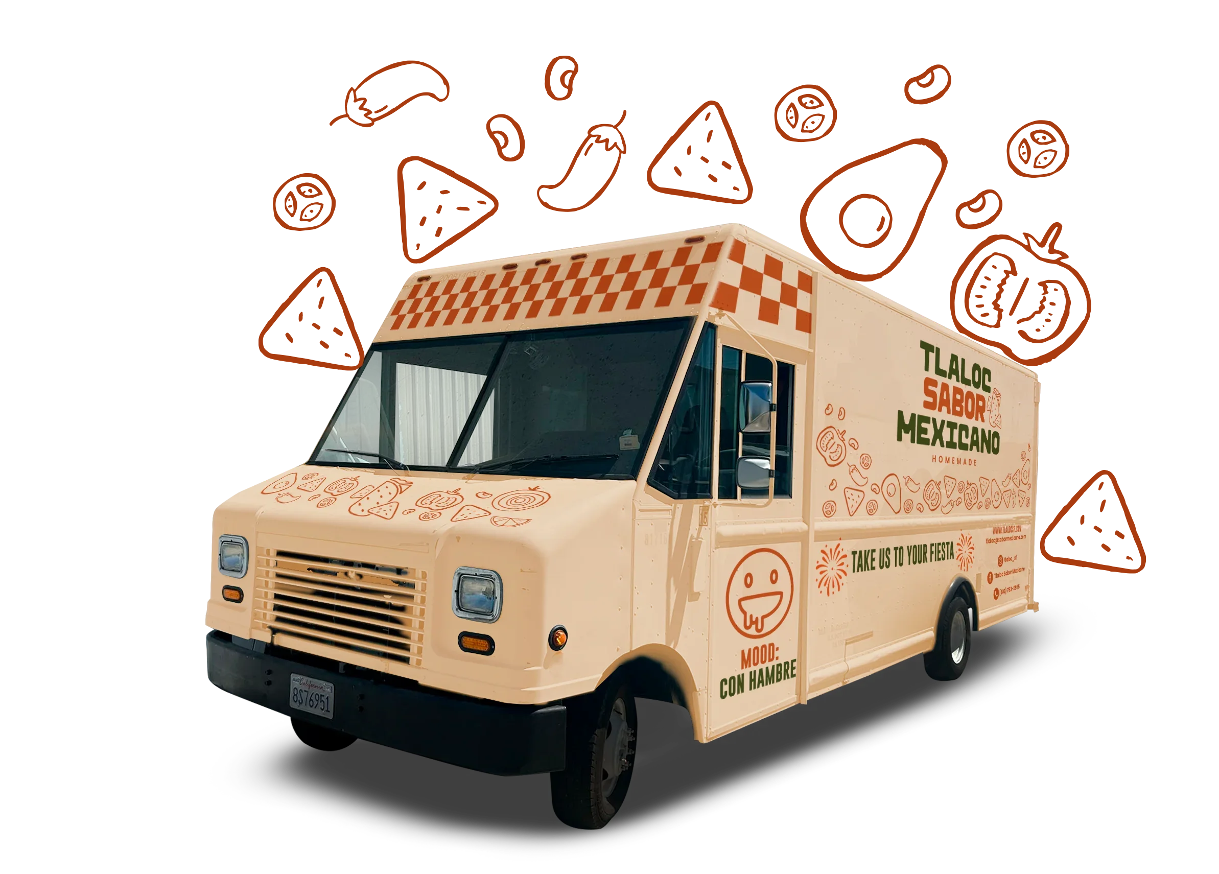 Mexican food truck with checkered design on the roof, featuring signs with phrases like "Sabor Mexicano" and "Talea us to your fiesta," parked on a light-colored surface.