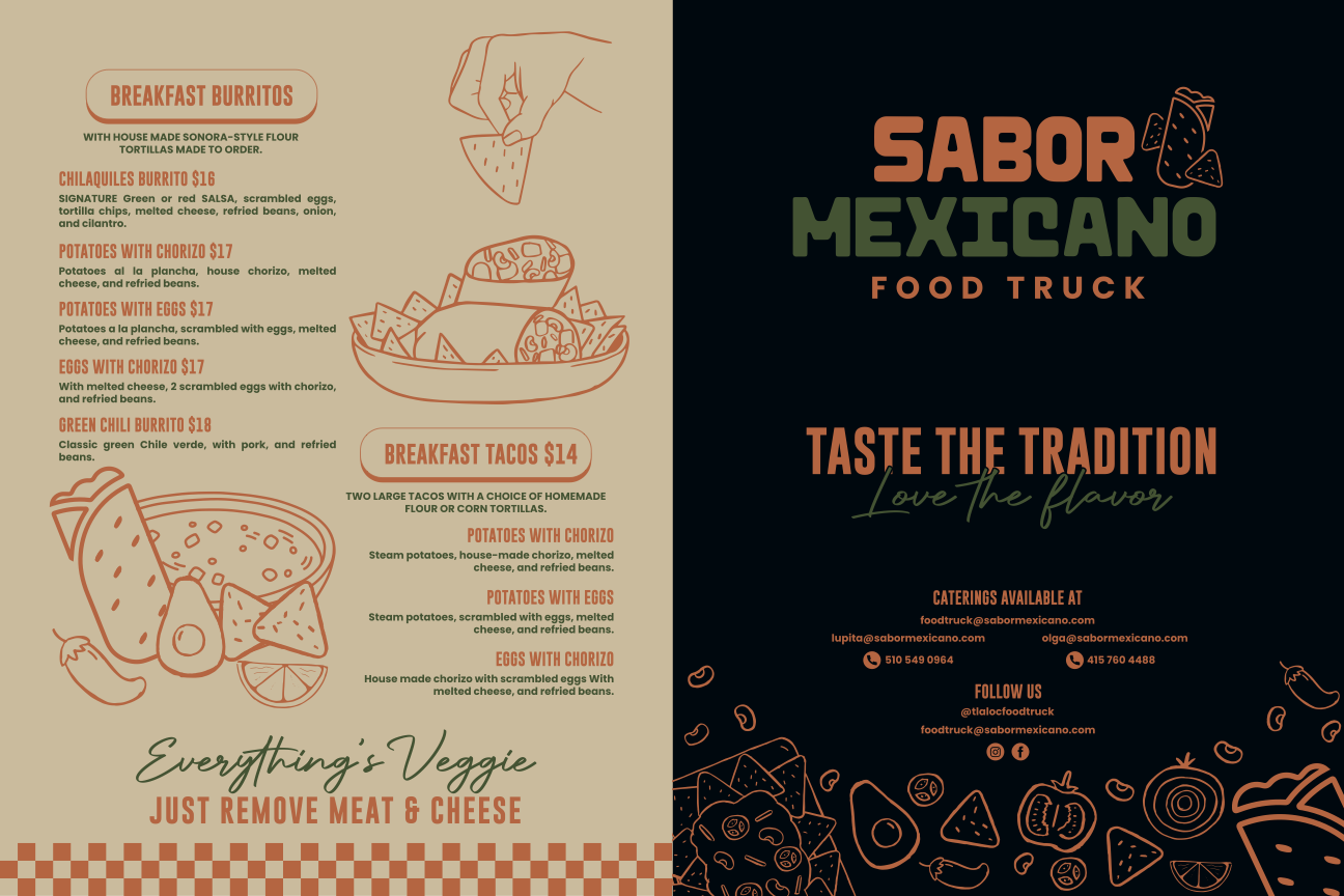 Menu for Sabor Mexicano food truck featuring breakfast burritos, breakfast tacos, and veggie options, with illustrations of food items and contact information.
