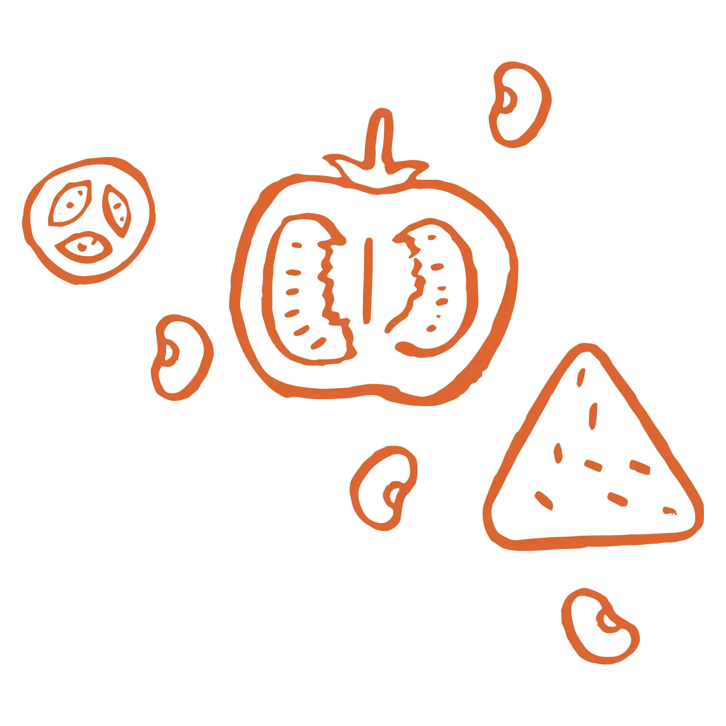 A line drawing of various Halloween-related objects, including a jack-o'-lantern, candy, a ghost, a witch's hat, and a skull, all outlined in orange.
