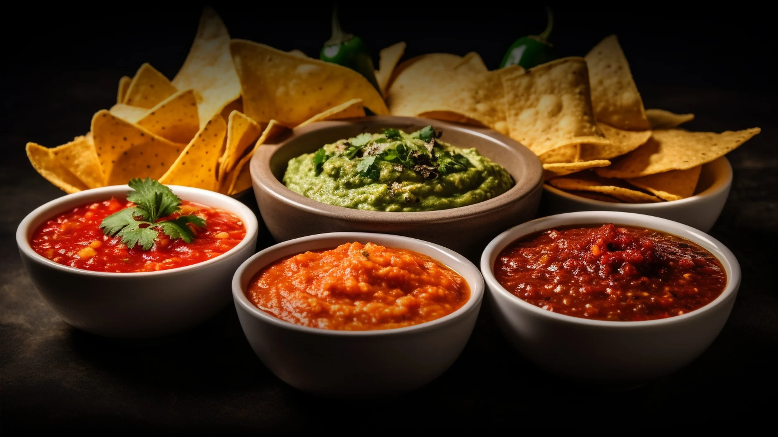 Mexican-style appetizers including three bowls of salsa and guacamole with tortilla chips.