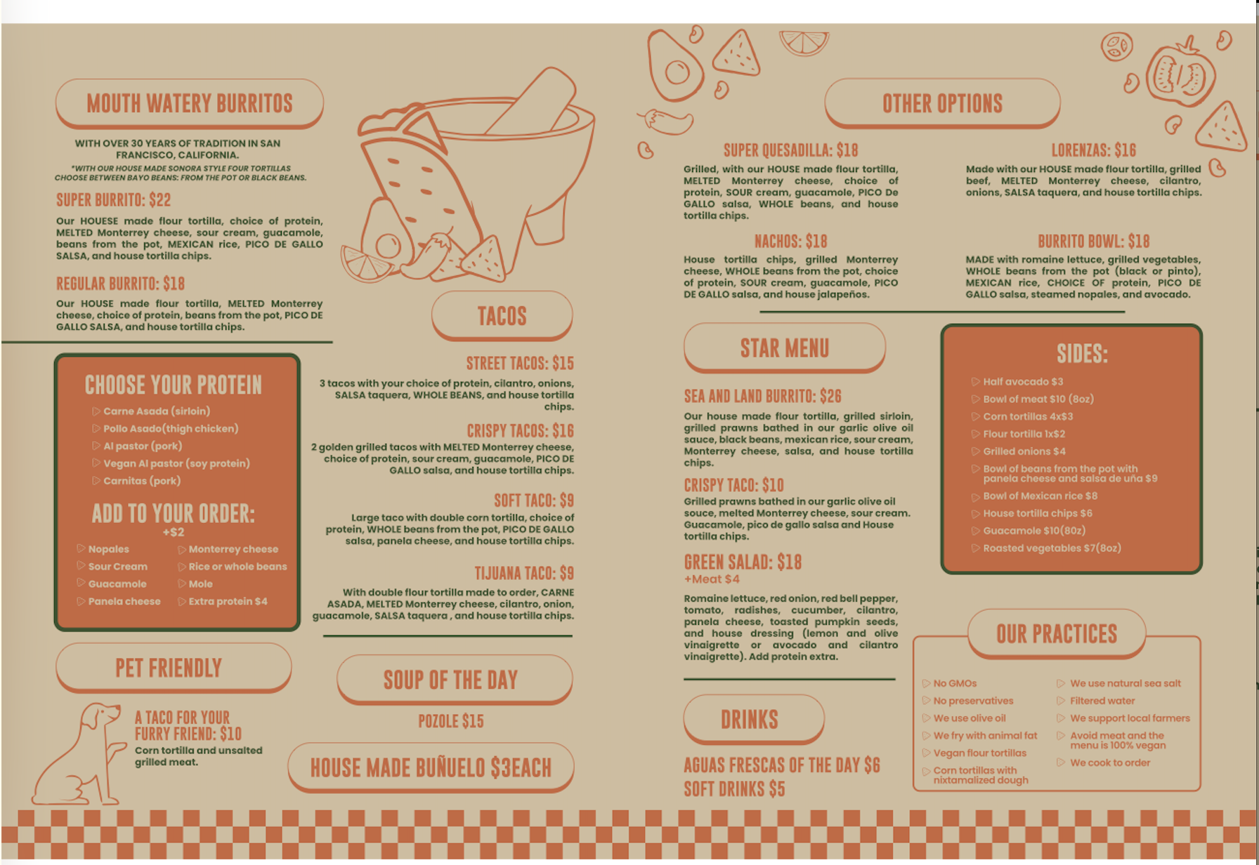 Menu featuring Mexican-style food options including burritos, tacos, star menu items, sides, and drinks, with colorful illustrations of food ingredients.
