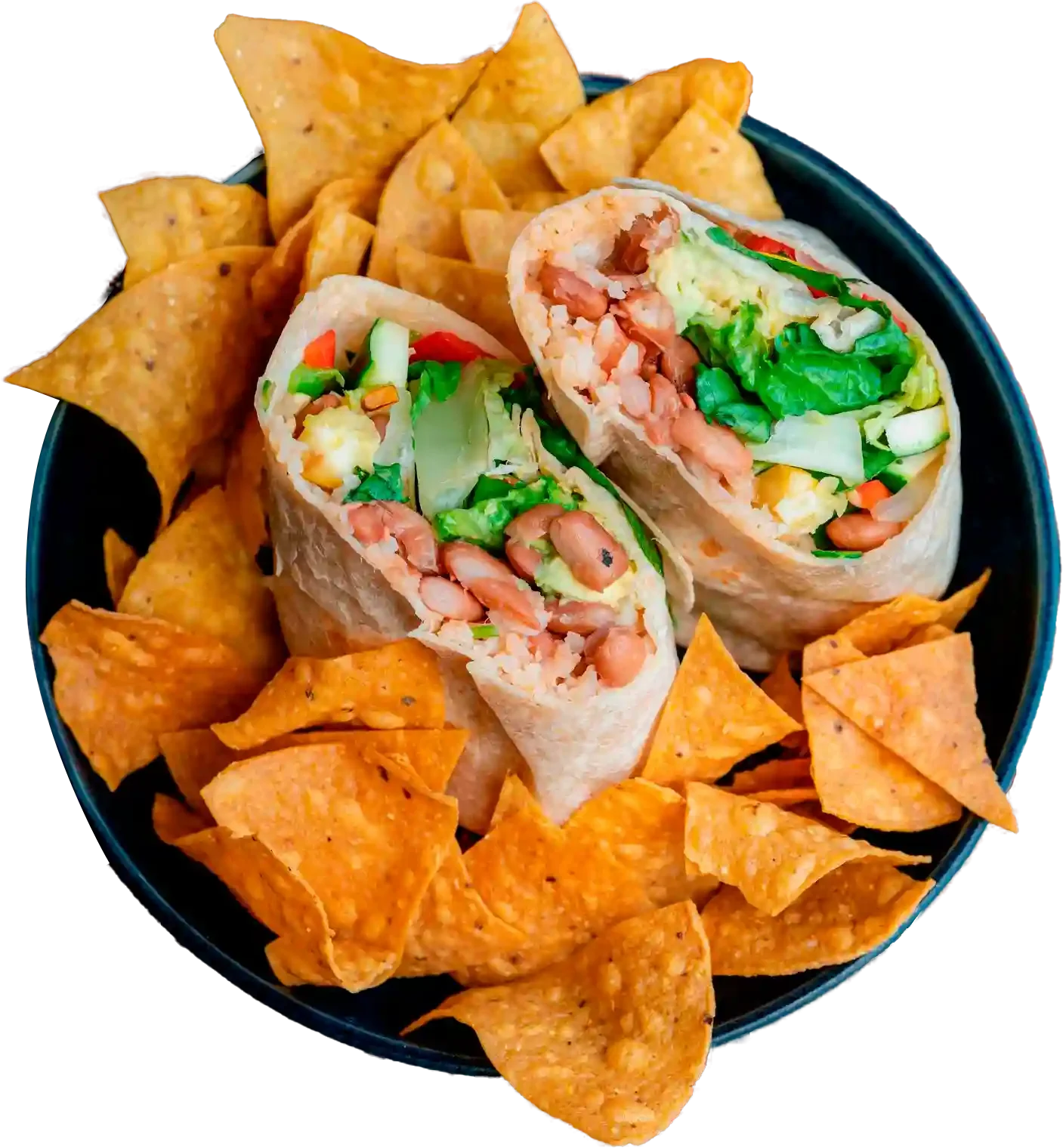Close-up of a black bowl containing two sliced shrimp spring rolls filled with chopped vegetables and shrimp, surrounded by orange tortilla chips.