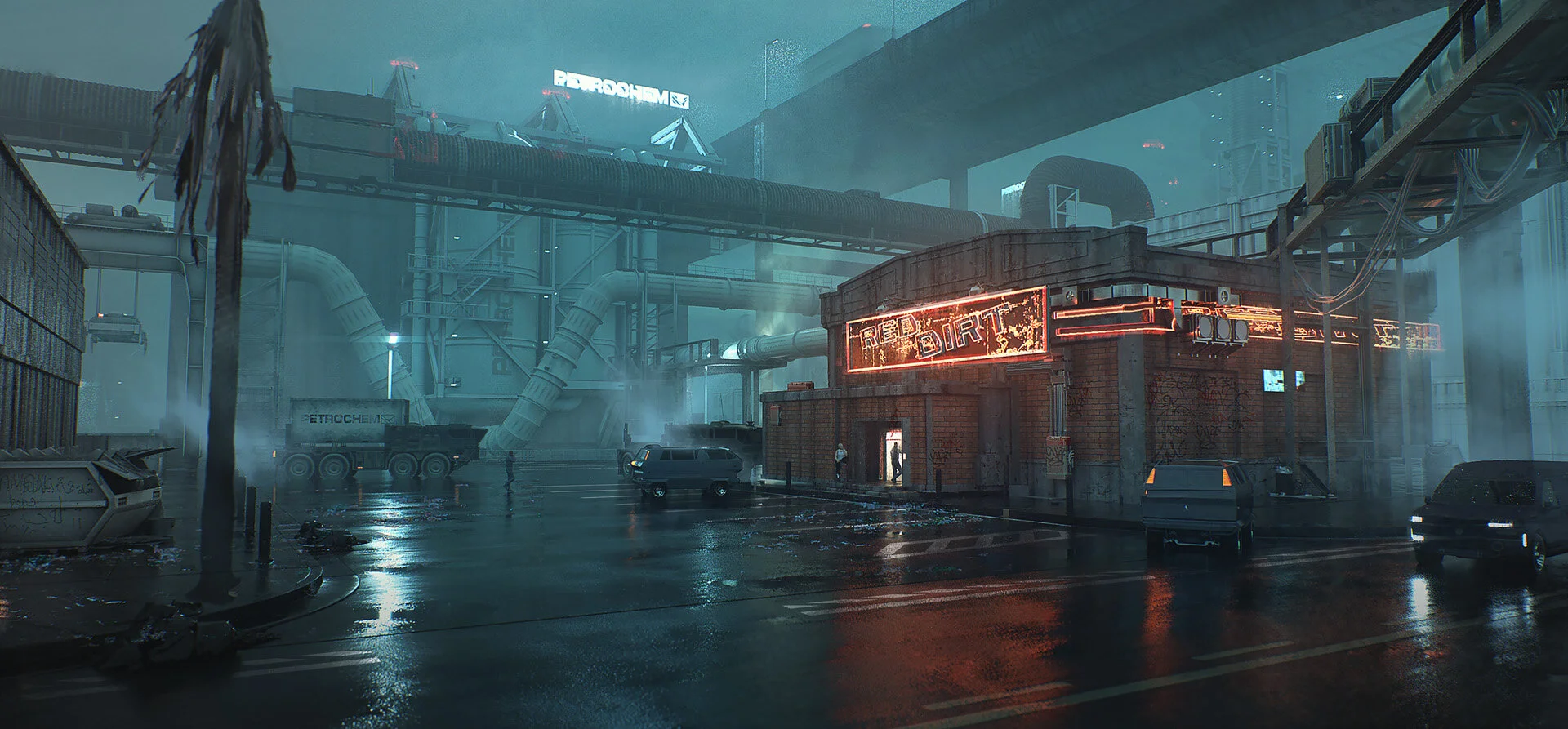 A Petrochem plant looms in the background of the Northside Industrial District