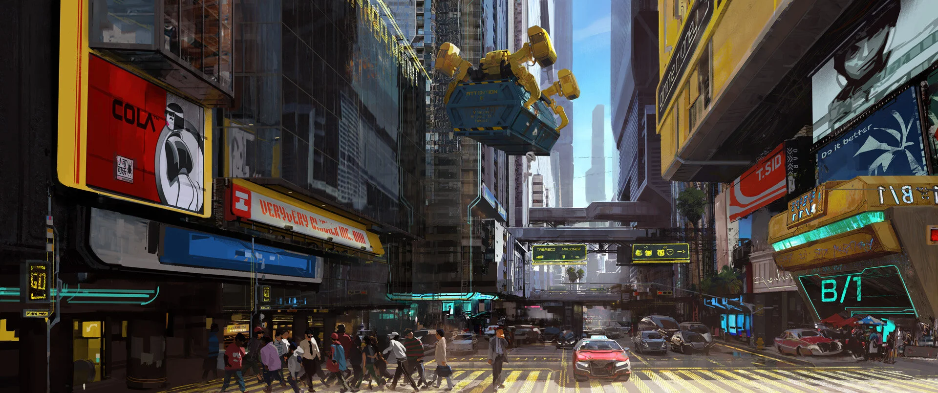 The bustling, heavily populated Downtown sub-district in Cyberpunk 2077