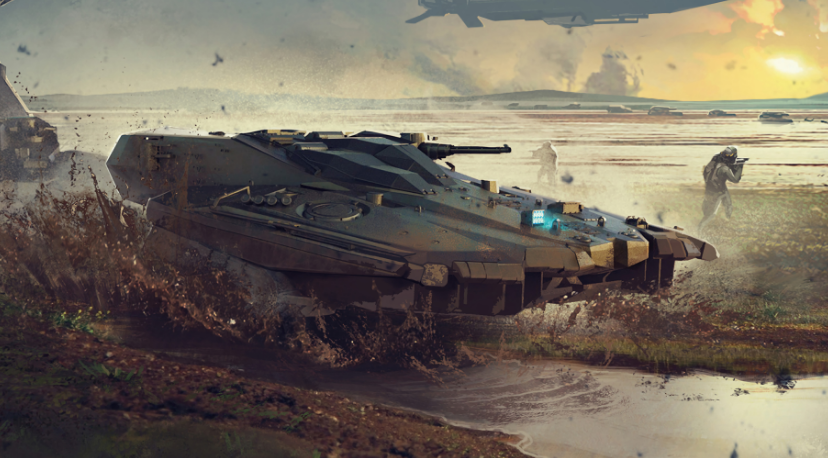 A Militech tank drops from a super-carrier onto a beach