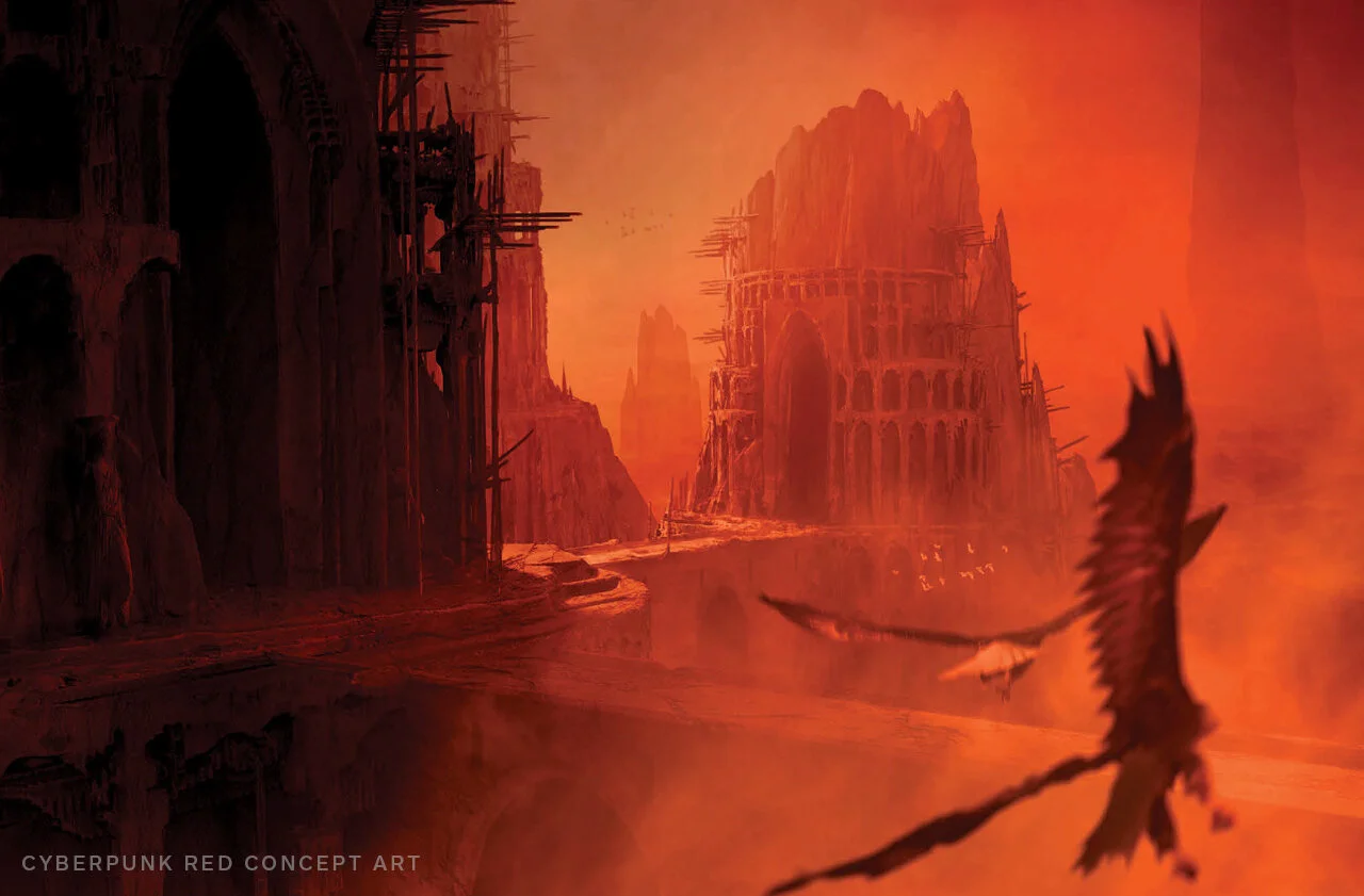 The red tinged skies during the Time of the Red - via Cyberpunk Red Jumpstart Kit