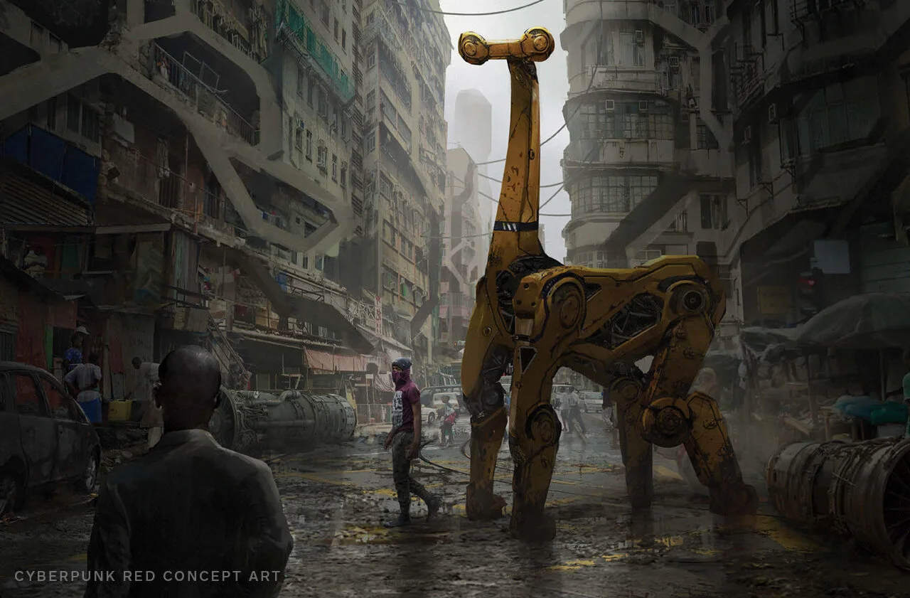 A “giraffe-bot” aiding in the reconstruction efforts in Night City - via Cyberpunk Red Jumpstart Kit