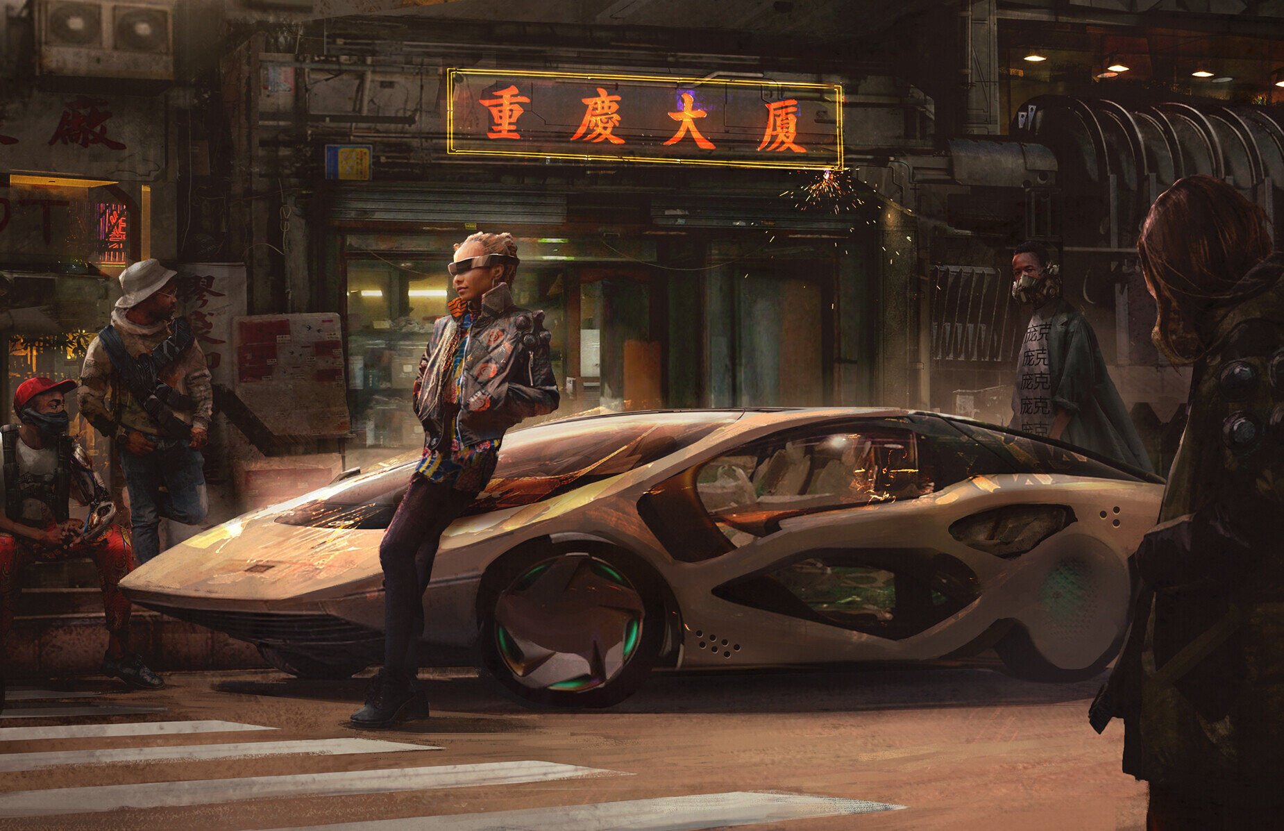 An edgerunner leans up against a supercar during the Time of the Red - via Cyberpunk Red Jumpstart Kit