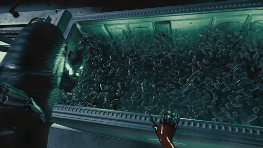 V climbing into an ice bath to keep her body cool during a netrunning session