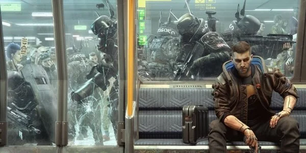 Arasaka troops in riot gear siege a NCART subway cart as Male V looks on