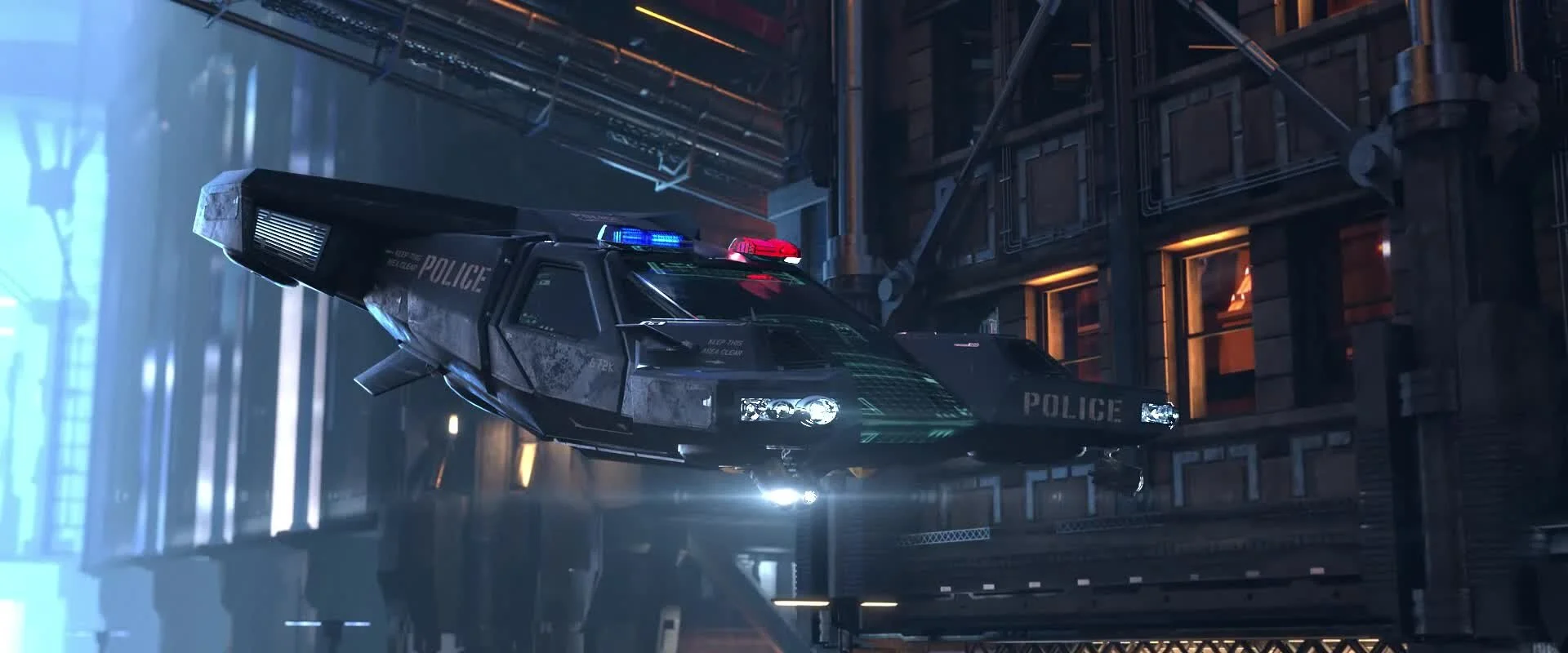 An NCPD AV-4 monitors the skies above a Cyberpsycho rampage in Cyberpunk 2077’s 2013 Teaser Trailer