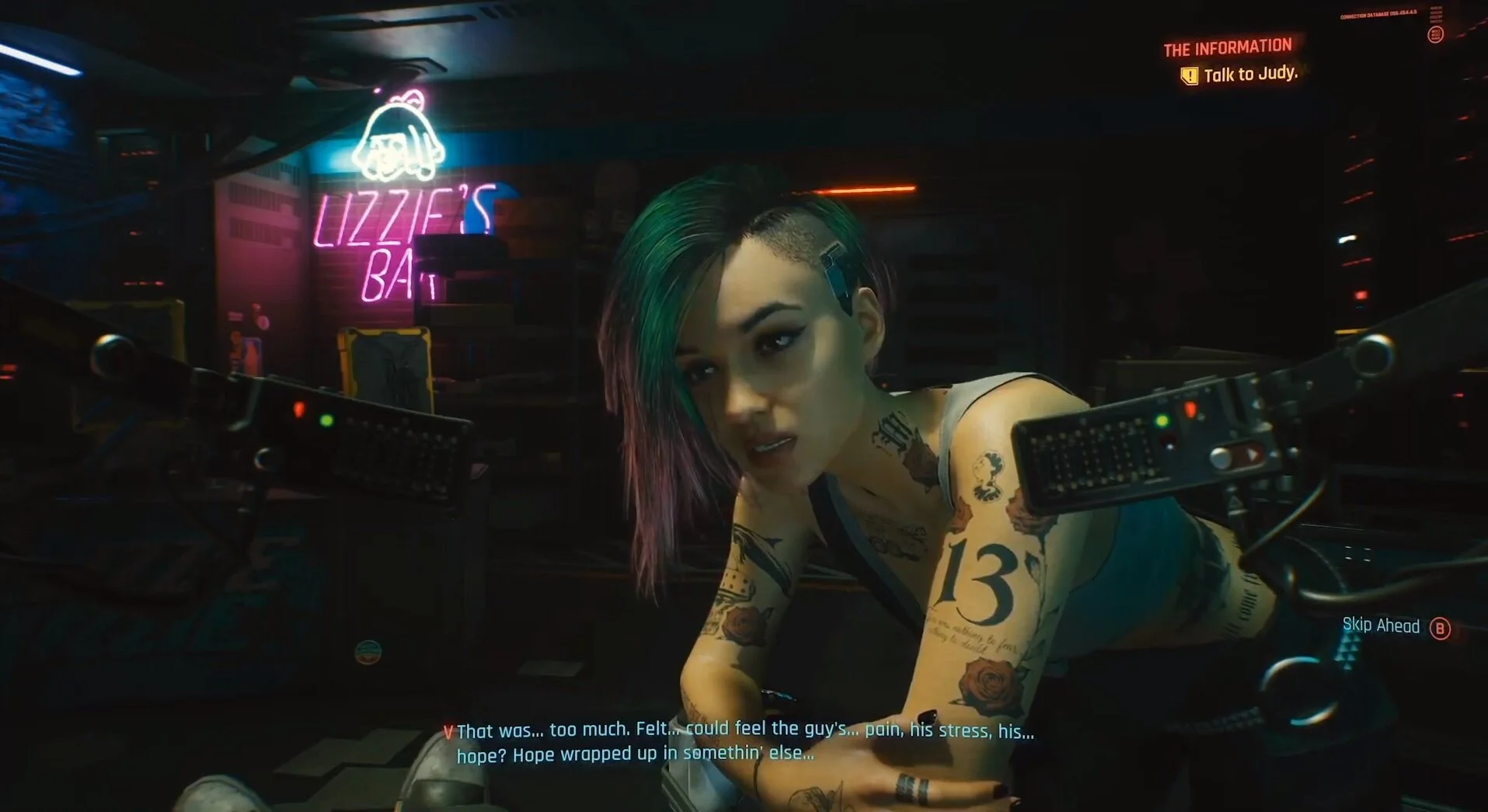 Cyberpunk 2077’s Judy Alvarez, a Mox Braindance technician monitors V post braindance