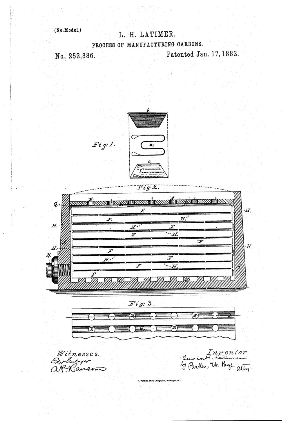 Patent draft illustration of Latimer's carbon filament process.