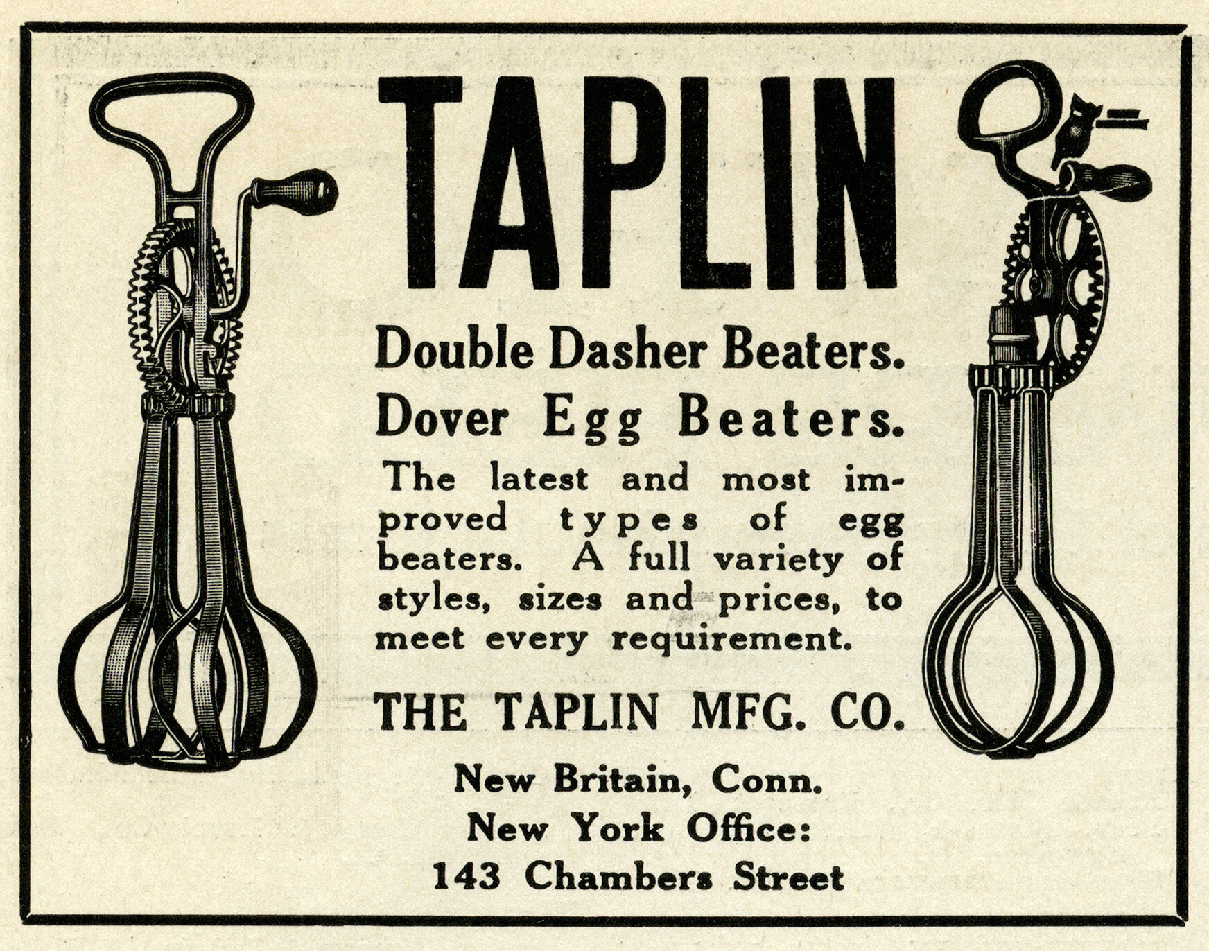 Taplin Egg Beater Advertisement,  Hardware Age Magazine. September 6, 1917