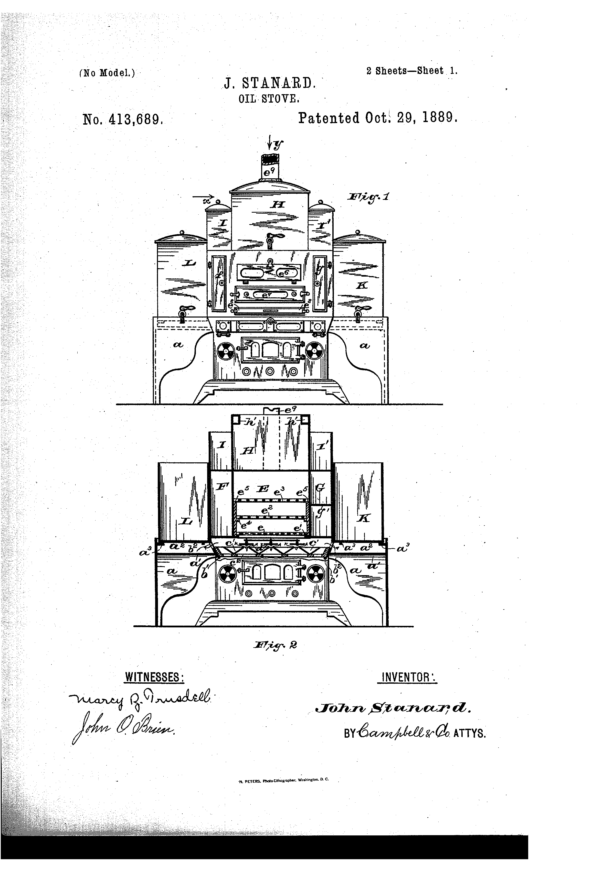 Patent illustration of Stanard's Oil Stove, View 1