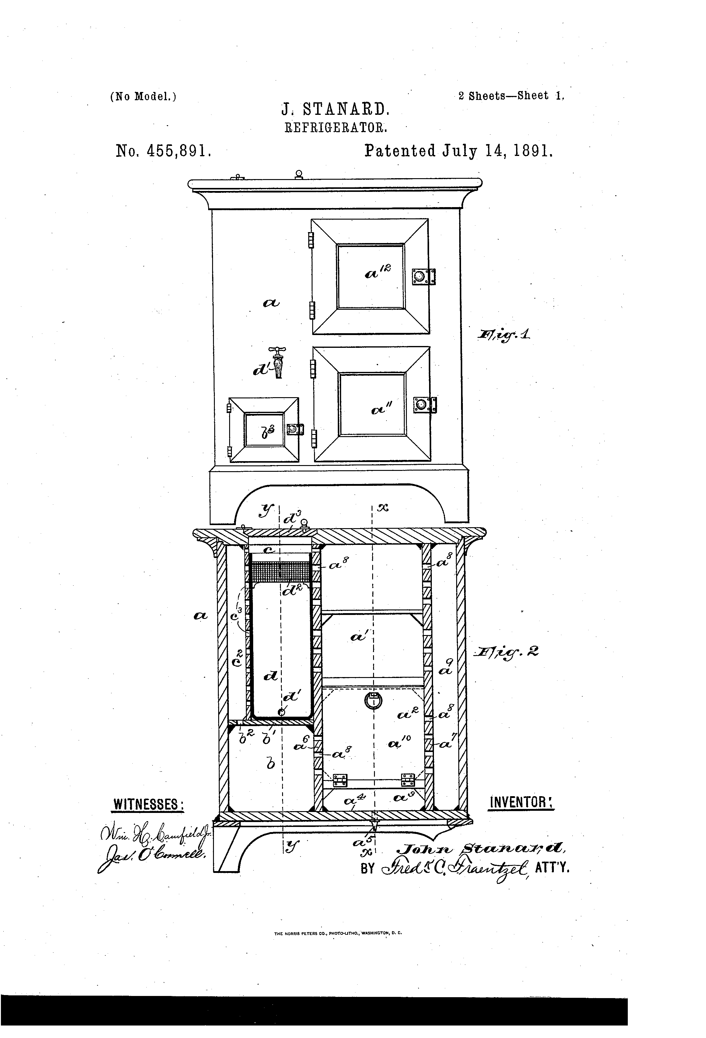 Patent illustration of Stanard's refrigerator, view 1