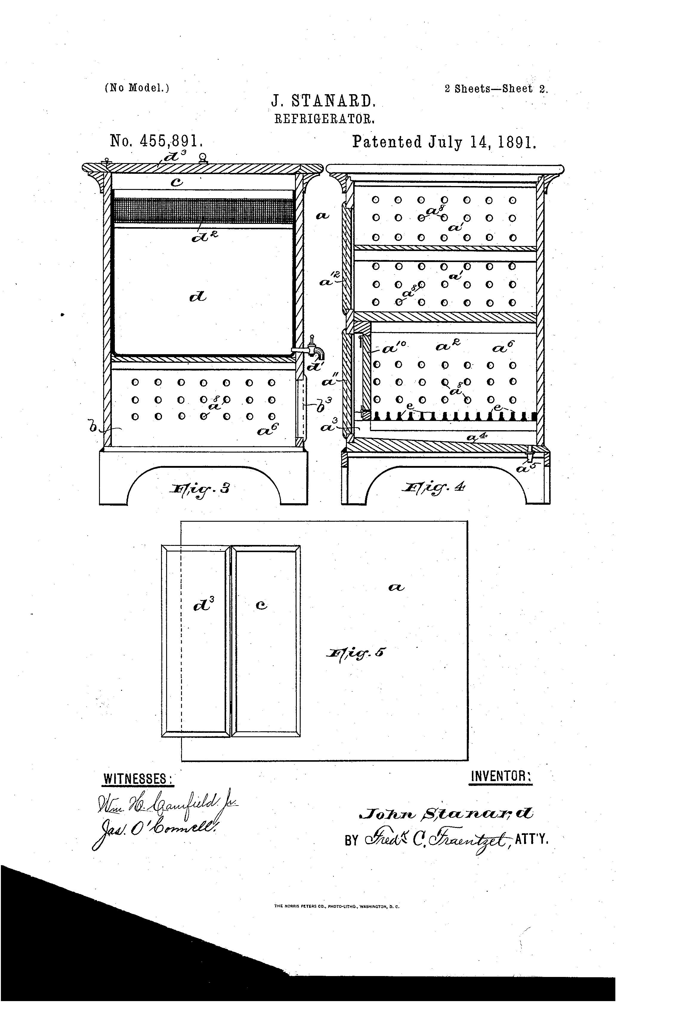 Patent illustration of Stanard's refrigerator, view 2