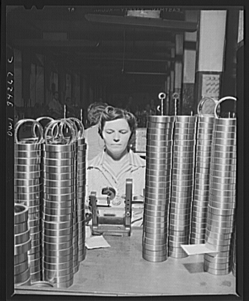 Mrs. Antoinette Jamrozemployed at the Fafnir Bearing Company matching and sizing bearing rings.jpg