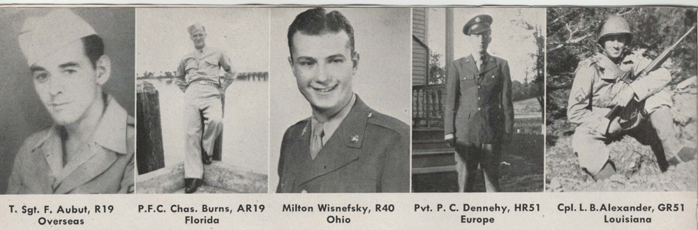 L-R: T. Sgt. F. Aubut, P.F.C. Chas. Burns, Milton Wisnefsky, Pvt. P.C. Dennehy, Cpl. L. B. Alexander