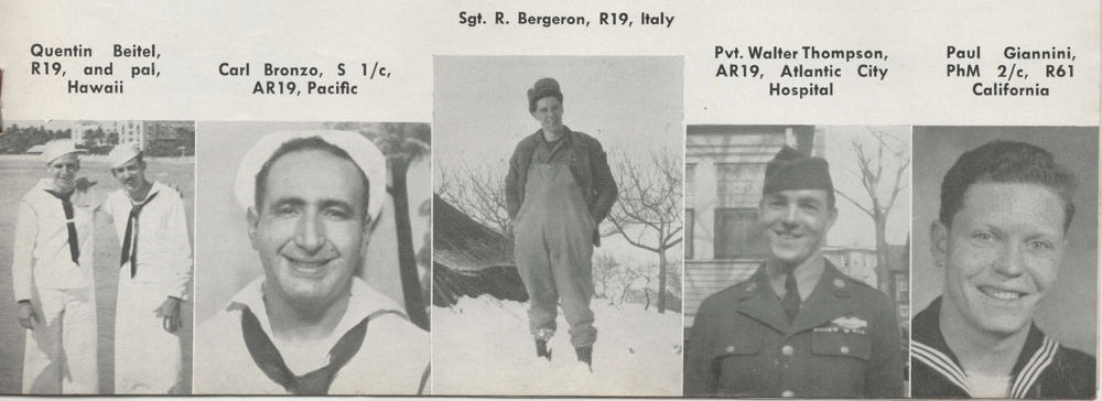 L-R: Quentin Beitel, S 1/c Carl Branzo, Sgt. R. Bergeron, Pvt. Walter Thompson, PhM 2/c Paul Giannini