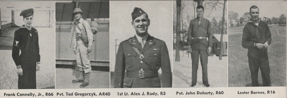 L-R: Frank Connelly Jr., Pvt. Ted Gregorzyk, 1st Lt. Alex J. Rudy, Pvt. John Doherty, Lester Barnes