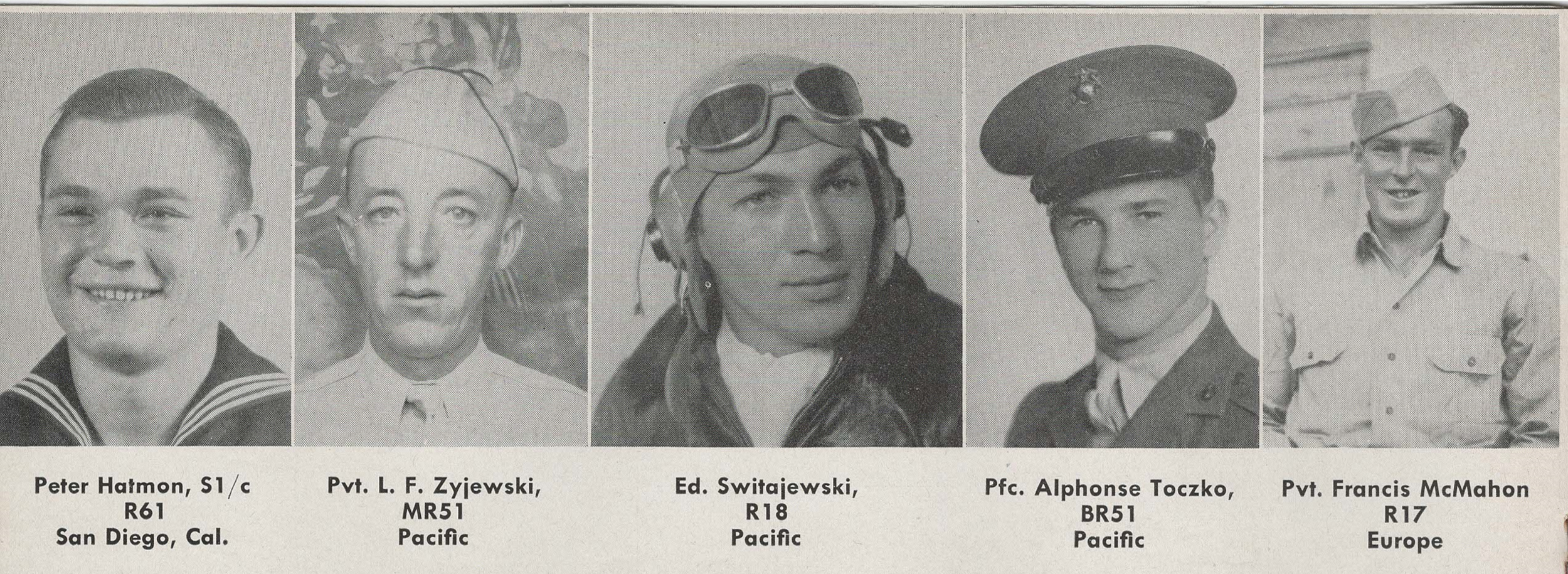 L-R: S1/c Peter Hatman, Pvt. L. F. Zyjewski, Ed. Switajewski, Pfc. Alphonse Toczko, Pvt. Francis McMahon