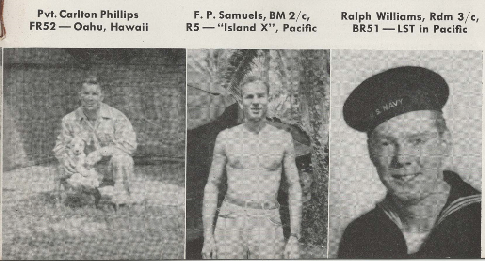 L-R: Pvt. Carlton Phillips, BM 2/c F. P. Samuels, Rdm 3/c Ralph Williams