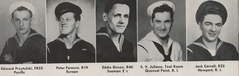 L-R: Edward Przytulski, Peter Ference, Seaman 2/c Eddie Bisson, S. V. Juliano, Jack Carroll