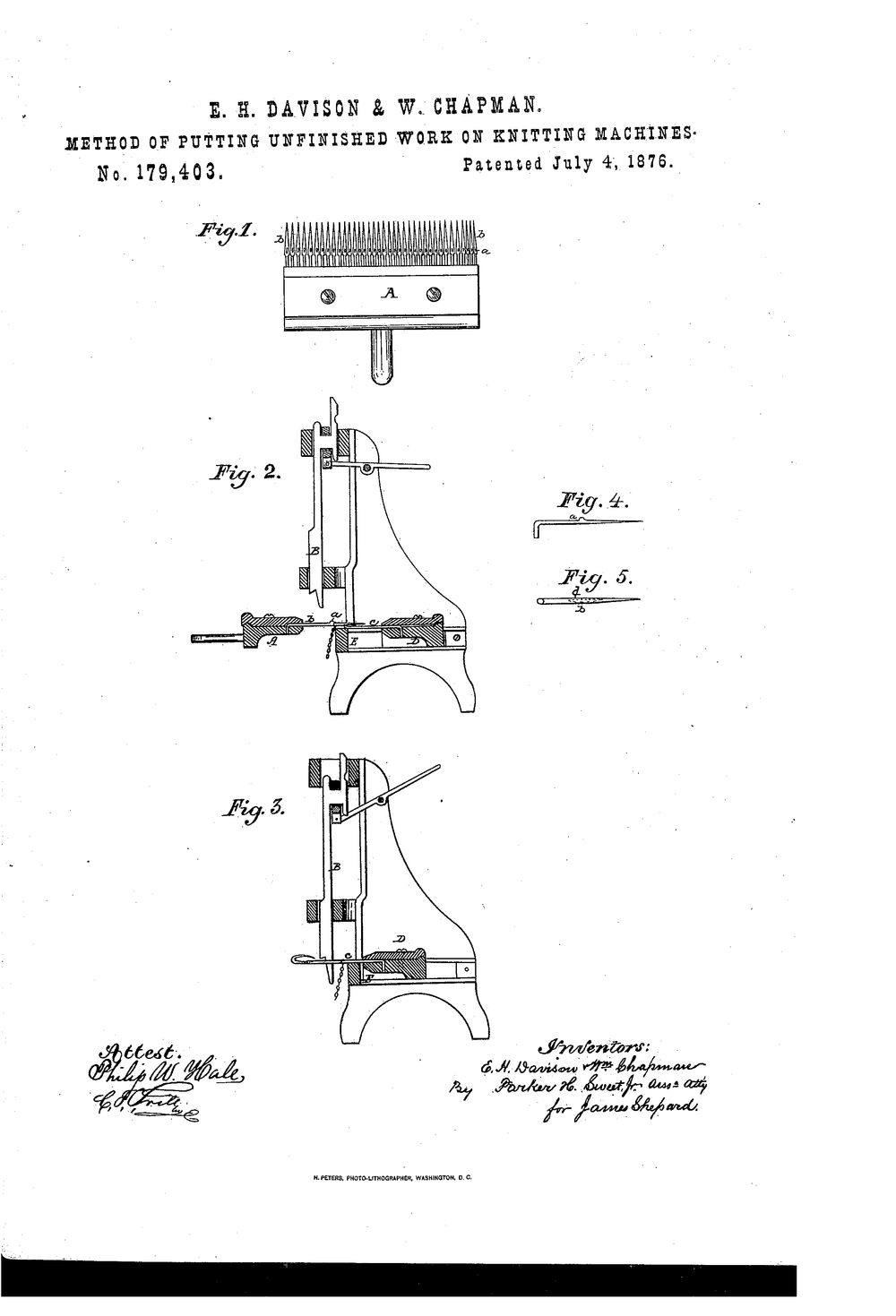 E.H. Davidson &amp; W. Chapman, Knitting Machine, 1876, US179403
