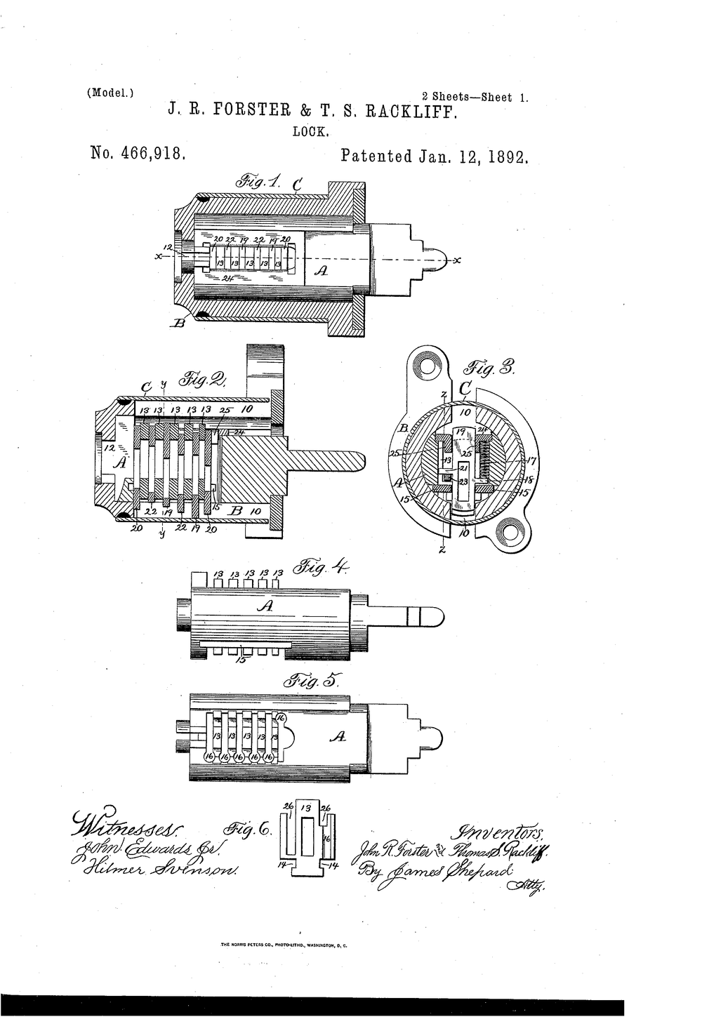 J.R. Forster &amp; T.S. Rackliff, Cylinder Lock, 1892, US466918