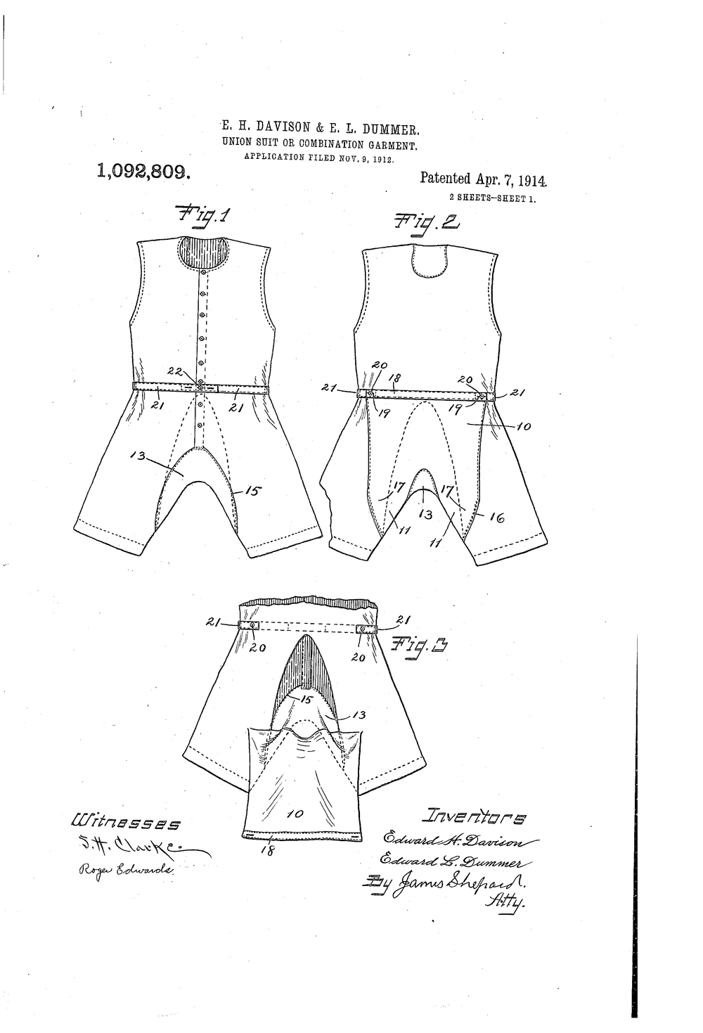 E.H. Davison &amp; E.L. Dummer, Union Suit or Combination Garment, 1914, US1092809