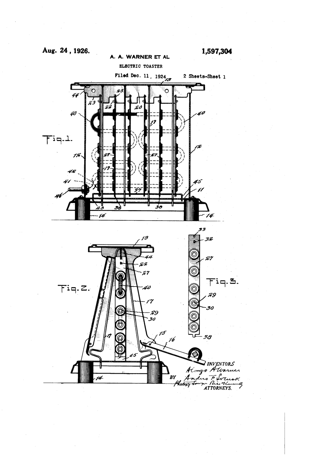 A.A. Warner et al., Electric Toaster, 1926, US1597304