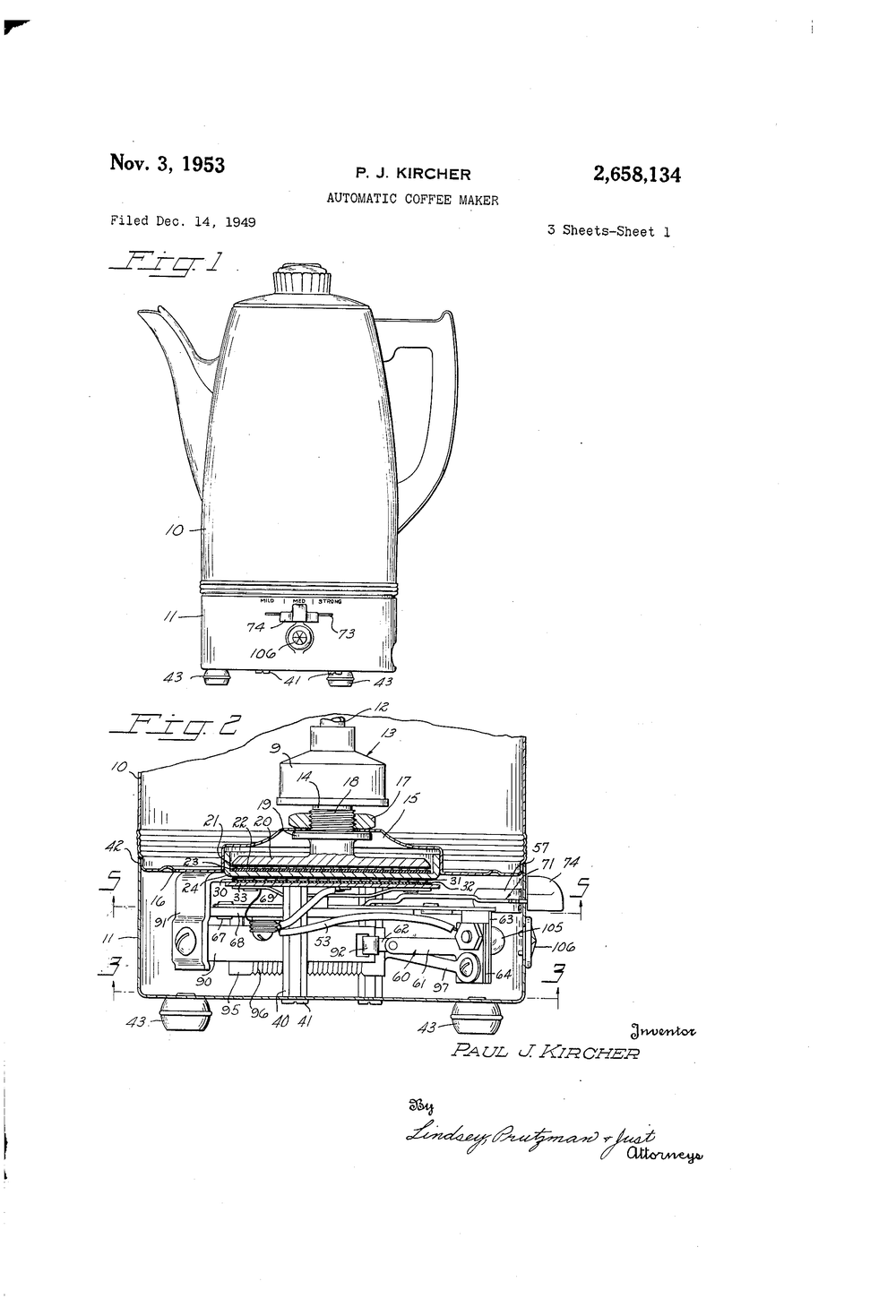 P.J. Kircher, Automatic Coffee Maker, 1953, US2658134