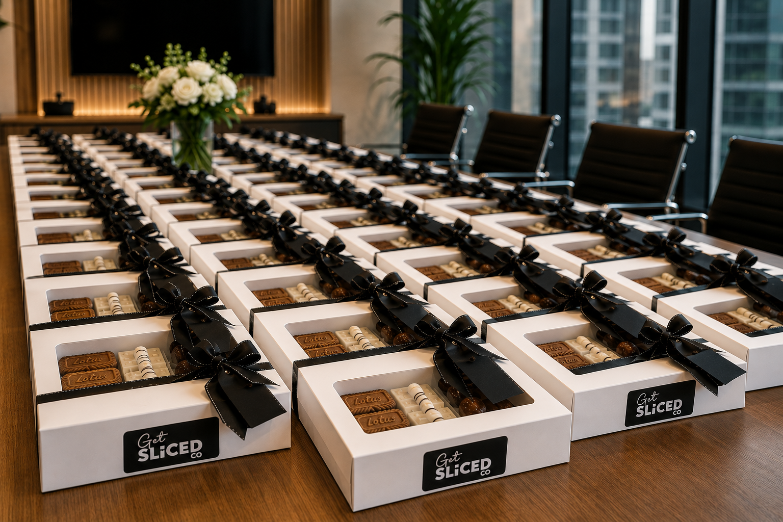 Get Sliced Co corporate gift boxes with black ribbon, styled on a boardroom table for corporate gifting in Perth