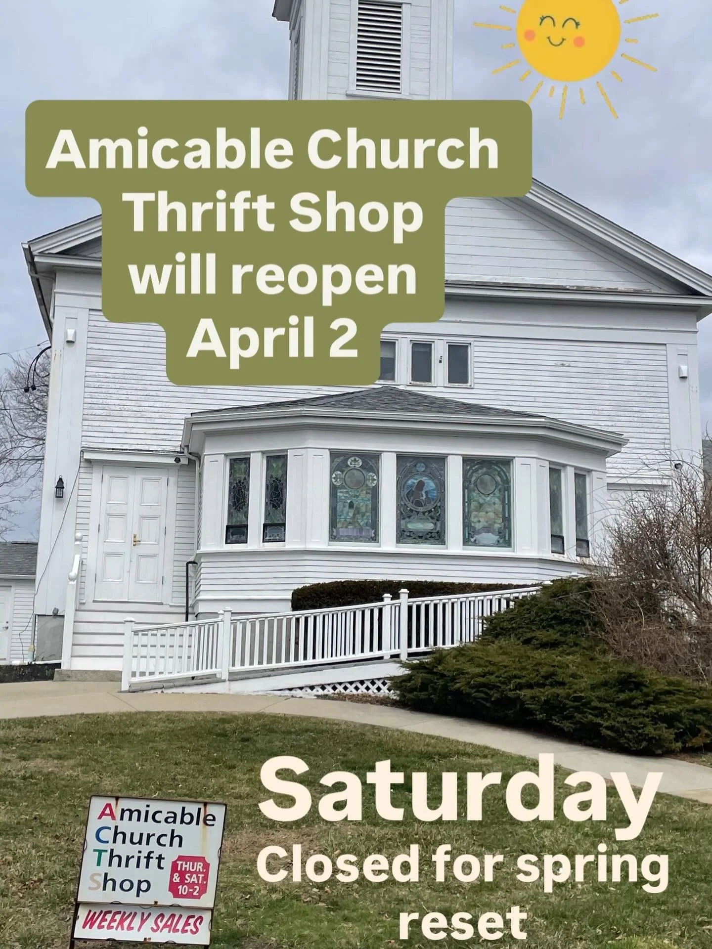 The Amicable Church Thrift Shop is closed until April 2 for a spring reset.  See you then. Regular hours Thursday &amp; Saturday 10-2.