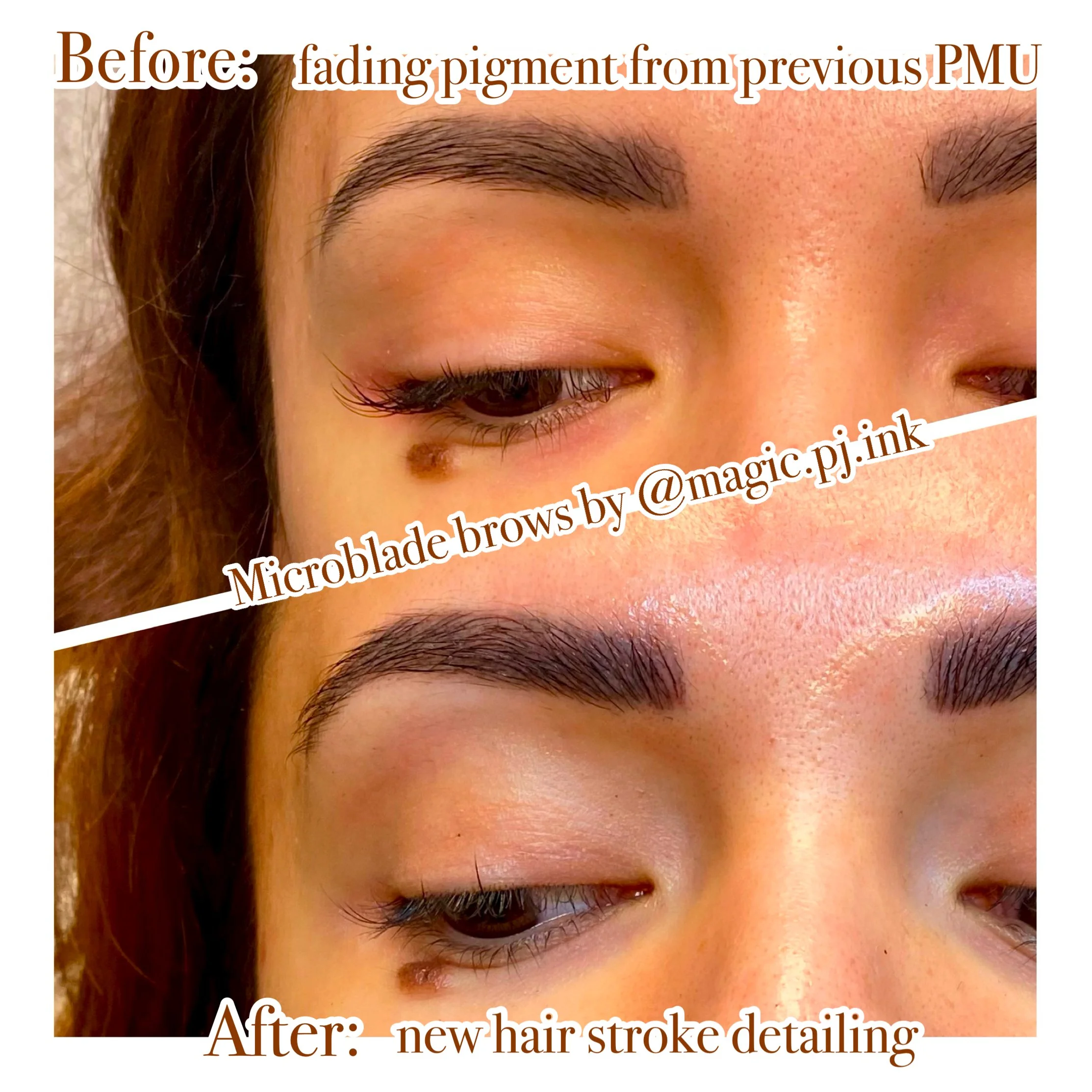 Microblade brows hair stroke detailing before and after by Magic PJ PMU and Tattoo in Utrecht
