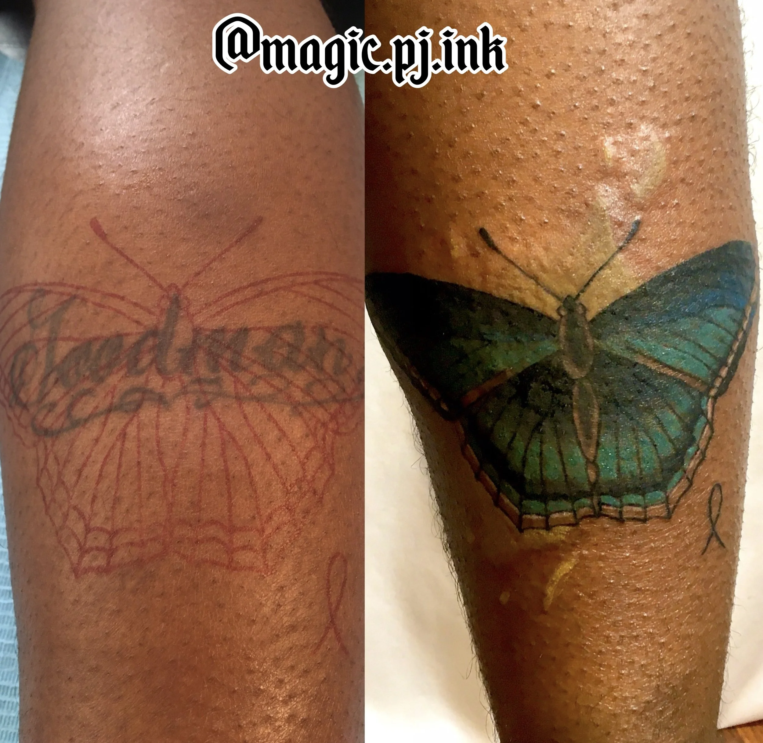 Before and after cover up tattoo with blue butterfly by Magic Pj's Utrecht