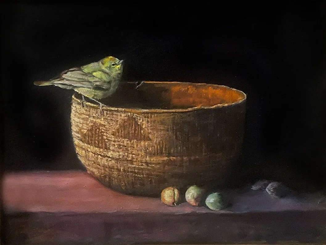 898 Navajo Basket, Plums,Orange-Crowned Warbler 9x12.jpg