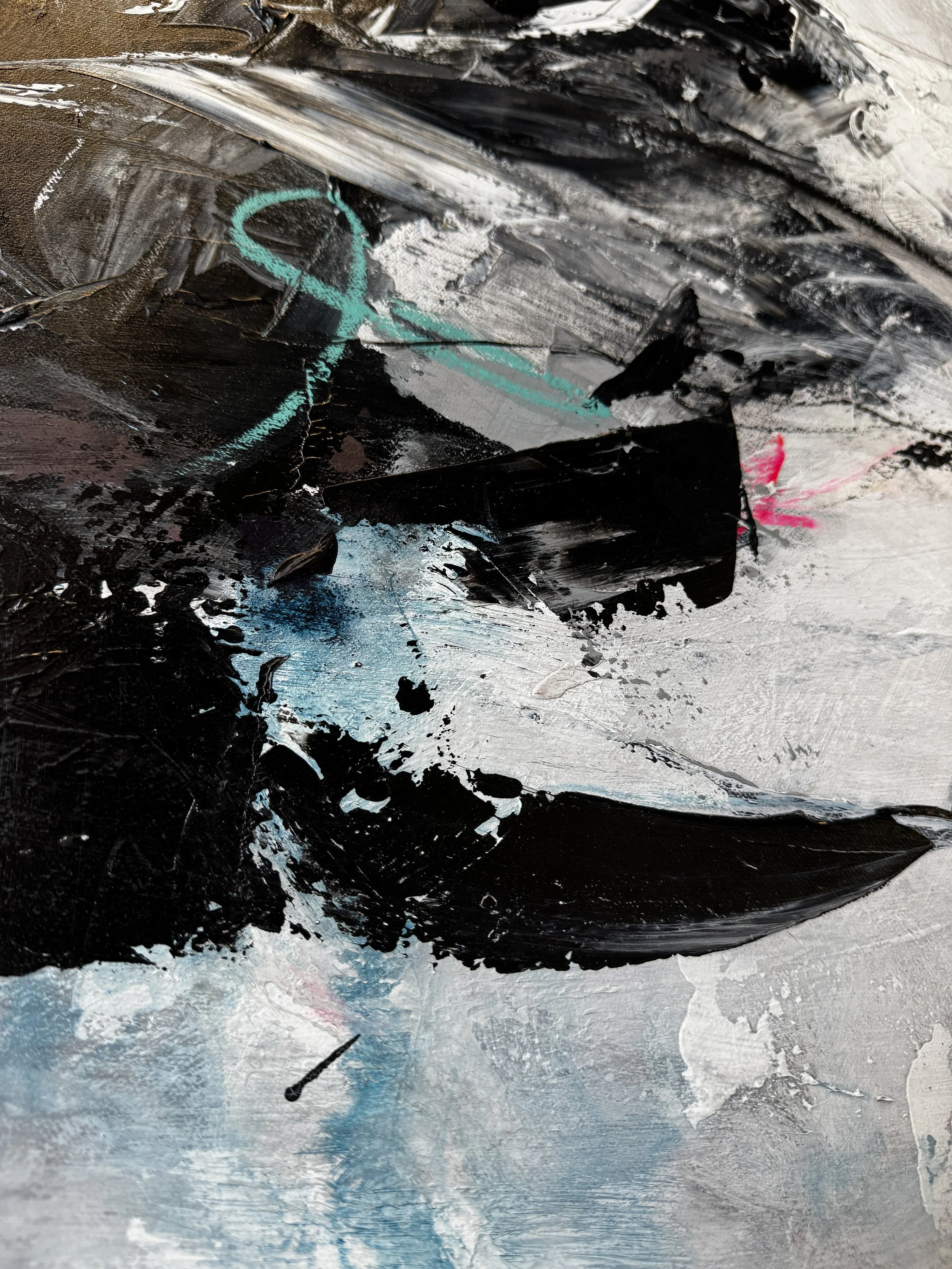 Close-up detail of teal and pink brushwork on black and white mountain painting
