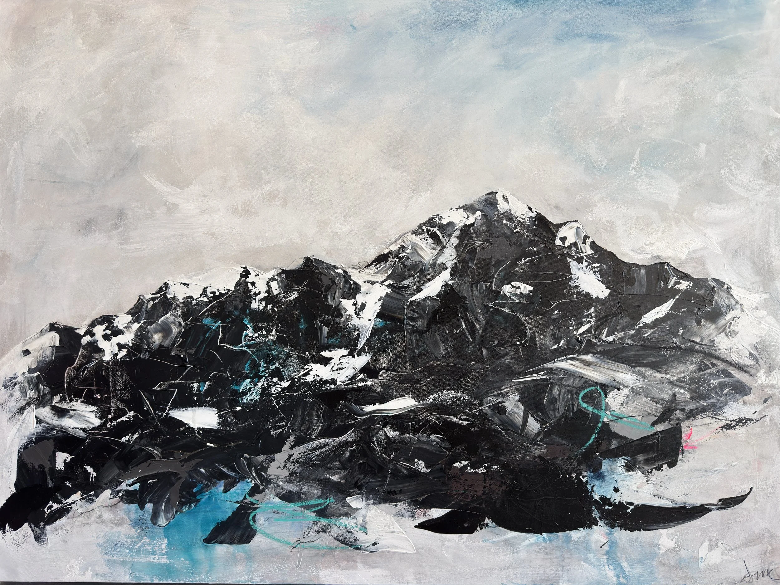Snowbird — Black & White Mountain Painting with Teal & Pink Accents | Original Canvas Art
