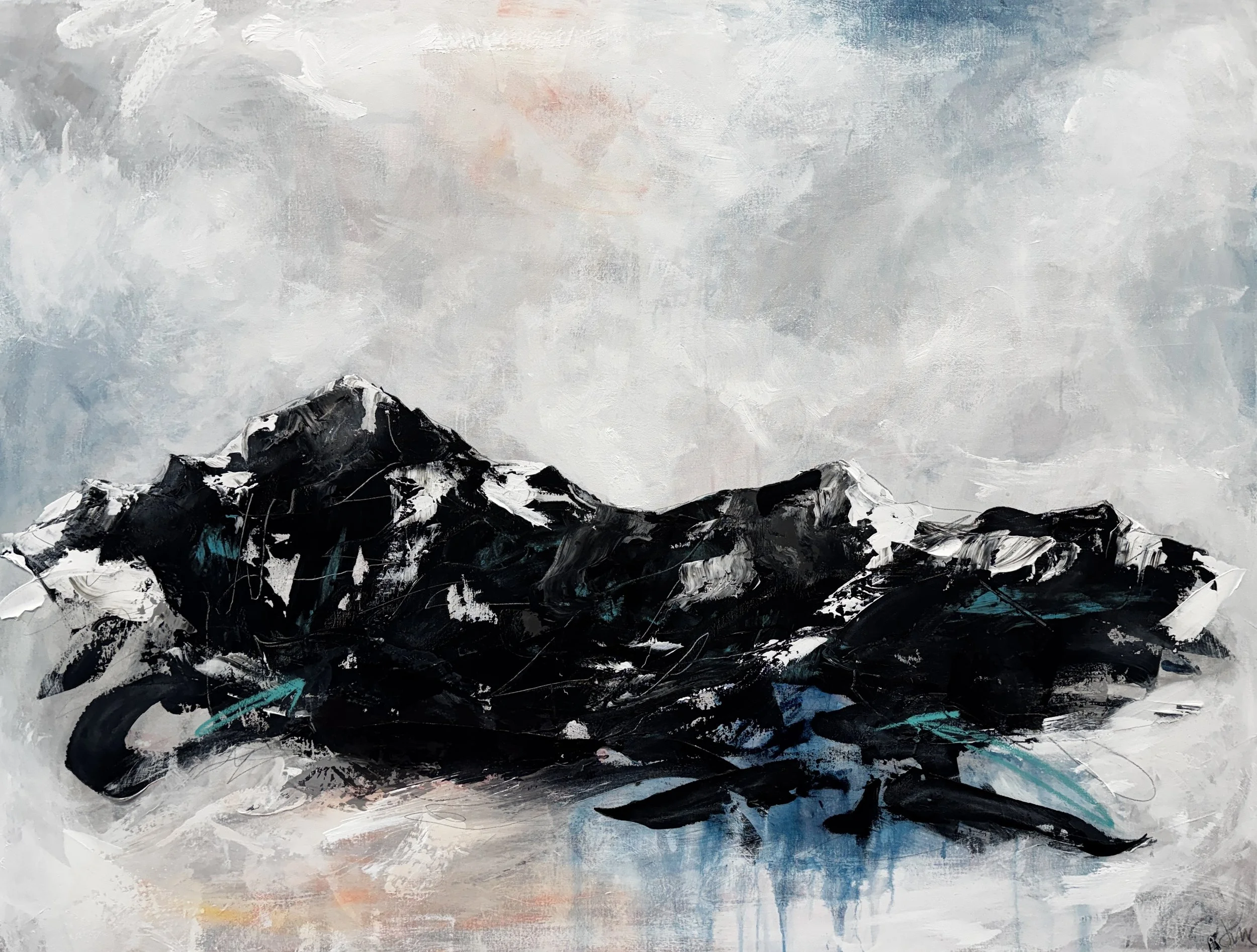 Stillness -  Black & White Mountain Painting with Teal & Coral Accents | Original Canvas Art