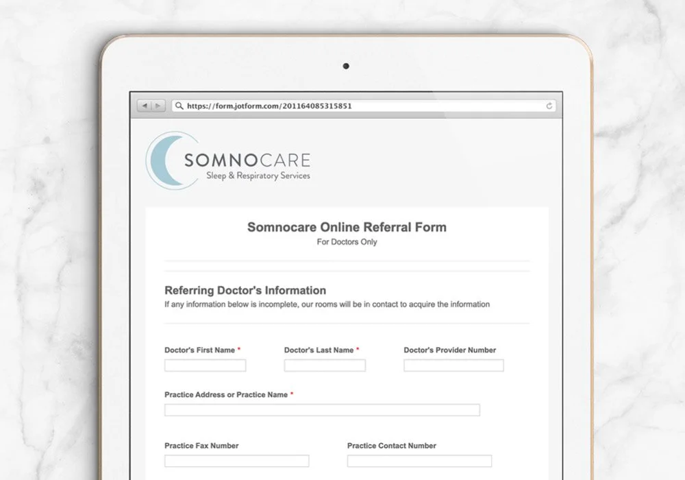 Somnocare online referral form submission on an iPad.