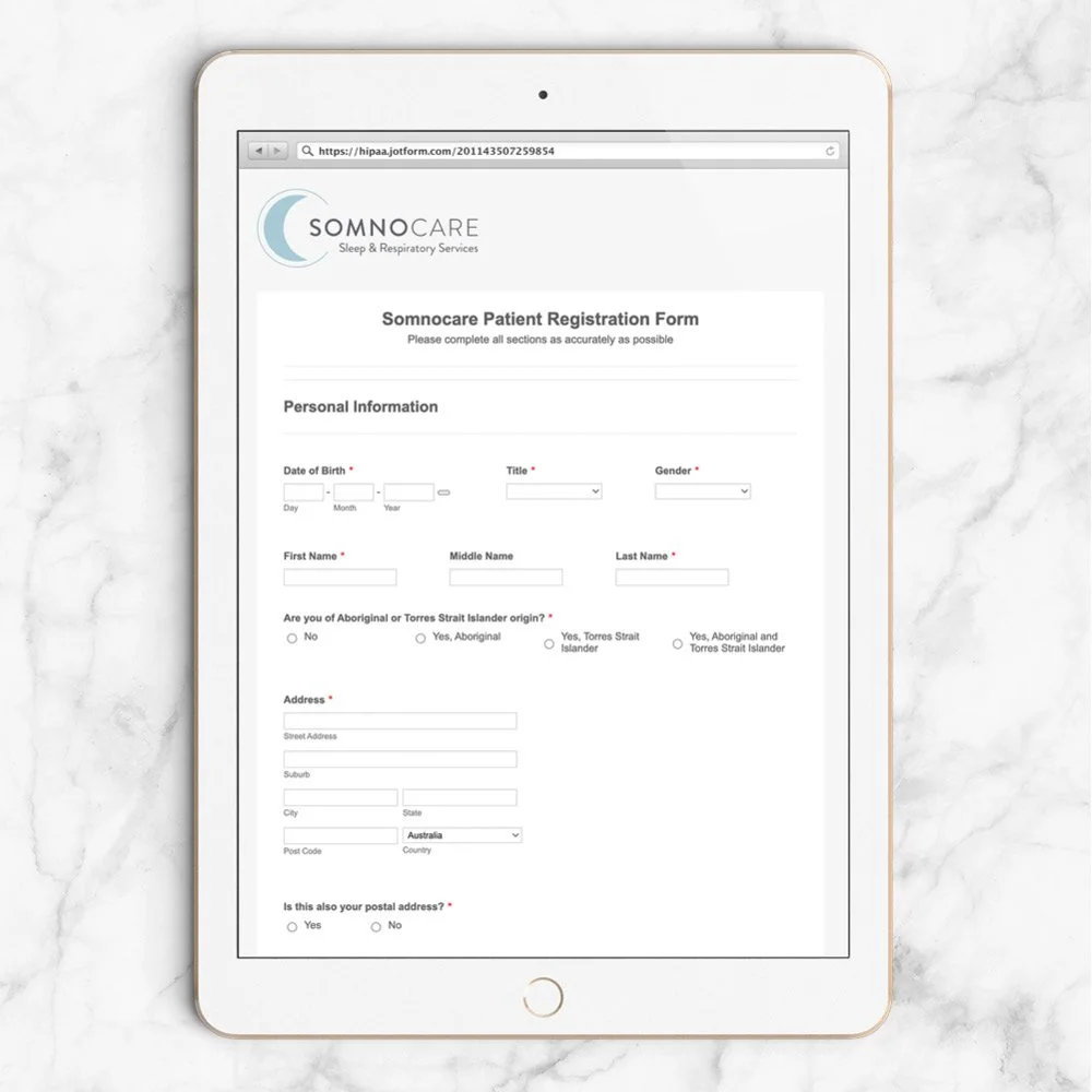 Somnocare online Patient Registration Form on iPad