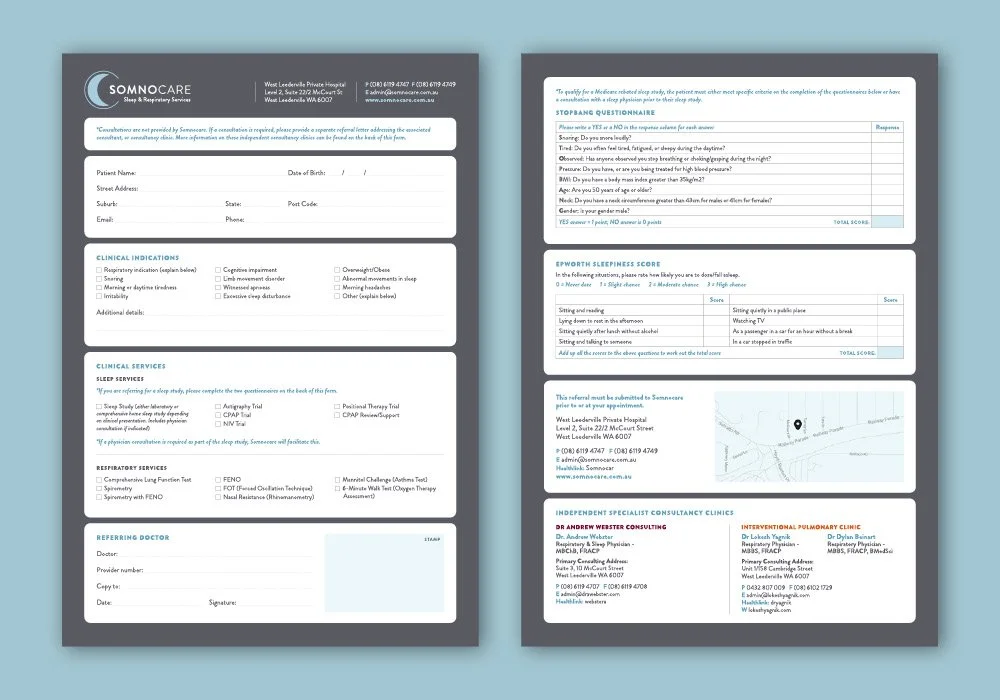 Printed Somnocare referral form front and back on blue background.
