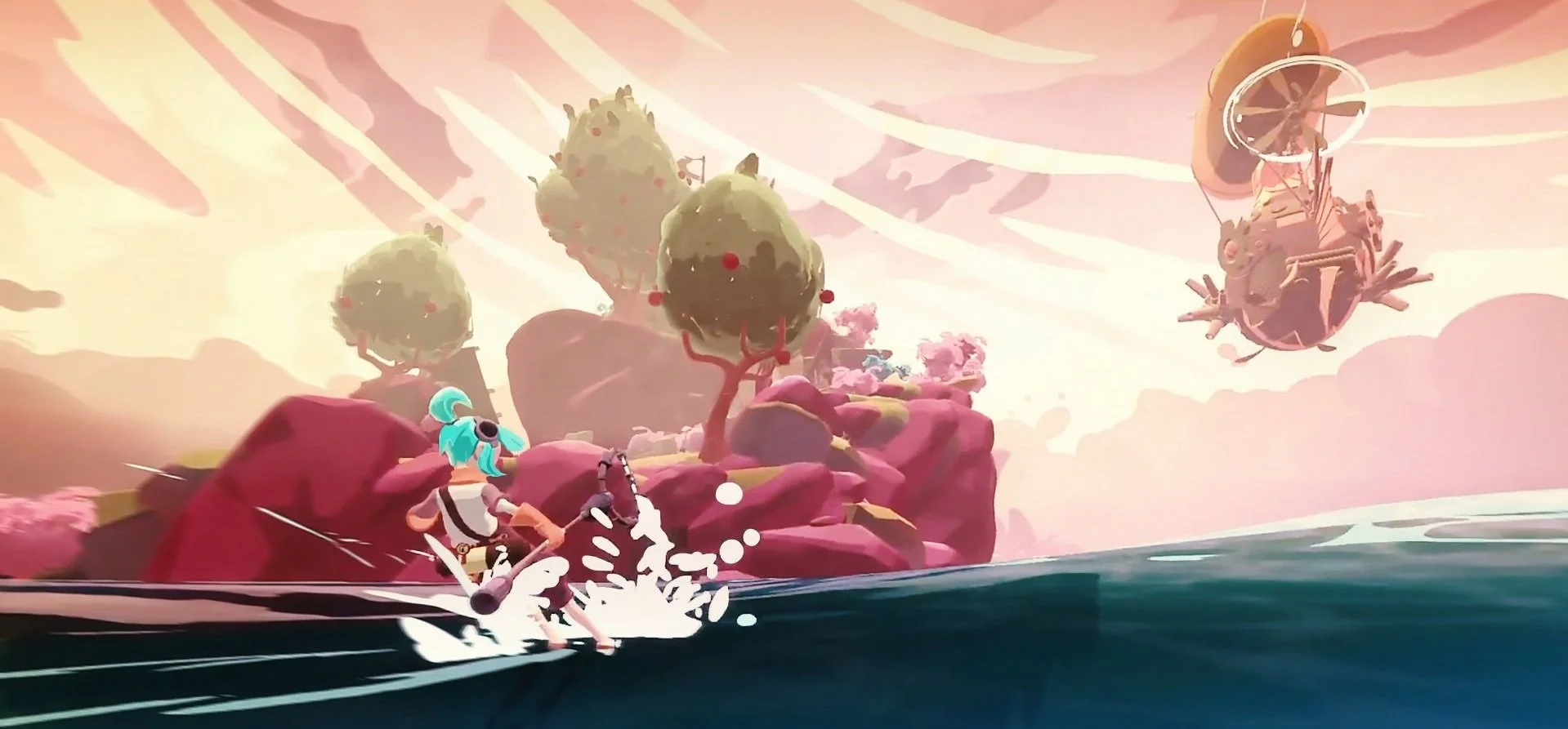 A clip from the game Wavetale, showing off the water, pink sky, and a flying ship.