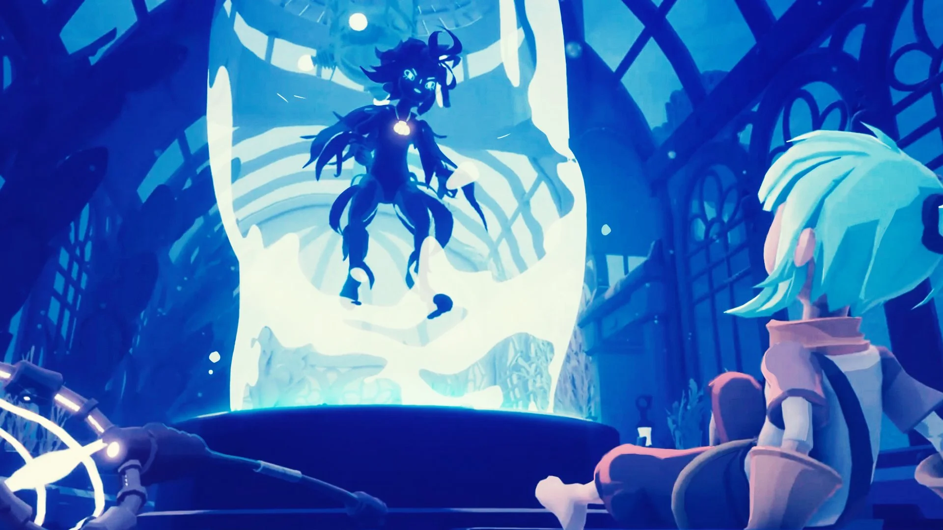 A scene out of the game Wavetale, filled with lots of blue and light.