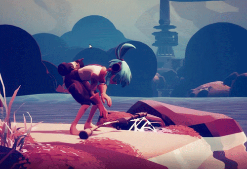 A gif from Wavetale, featuring the main character picking up a net.