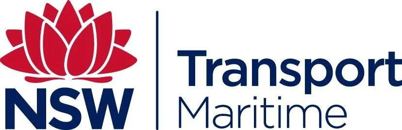 Logo for NSW Transport Maritime featuring a red lotus flower on the left and the words 'NSW Transport Maritime' on the right.