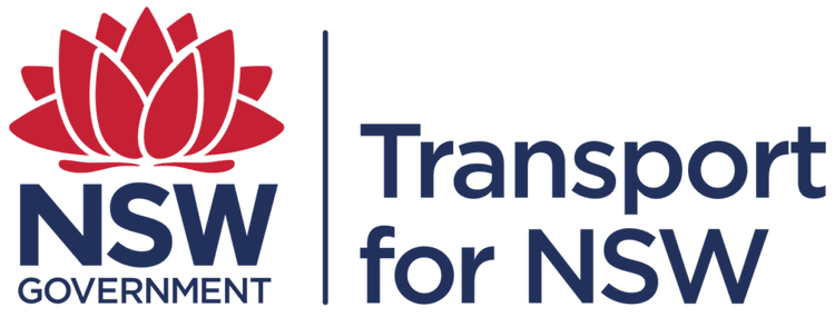 Logo of New South Wales Government Transport for NSW featuring a red lotus flower and text